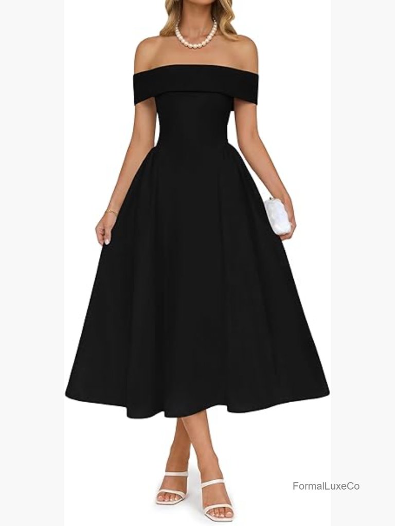 Off Shoulder Midi Dress Pleated A Line Swing Cocktail Party Maxi